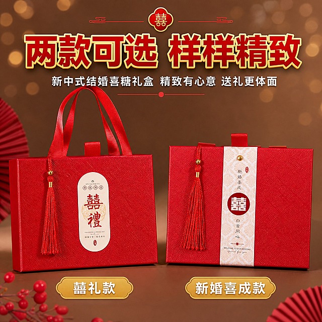 [主图-5] 新中式结婚喜糖盒子 多款式展示 两款设计对比。
[统一基调] 拼多多风格 大字直白 喜庆红金主色调 新中式国风 主标题粗黑体金色描边 辅助文案白色黑体 强调色中国红 整体热闹喜庆有性价比感。
[画面] 画面中并排展示两款不同贴纸设计的喜糖礼盒 左边是囍礼椭圆贴款式带手提 右边是新婚喜成腰封圆喜字款式 两款都是红色礼盒配红色流苏 下方有小标签分别标注款式名称 背景为浅棕色加柔和光斑 主体占画面约70% 两款礼盒分别对应输入图中的不同款式 外观一致。
[光影质感] 柔和均匀布光 两款礼盒光照一致 表面纹理清晰 流苏垂坠自然 整体干净整洁。
[配色] 背景浅棕色暖调 主标题红色 款式标签金色底白字 整体温暖喜庆。
[文字版式] 顶部大标题 两款可选 样样精致 下方两款礼盒底部各有小标签 分别写 囍礼款 和 新婚喜成款 文字居中排列 不遮挡礼盒主体。
[输出要求] 比例1:1 文字清晰 两款礼盒都完整展示 无变形 无错字 无水印 无平台Logo 禁止出现SKU字样