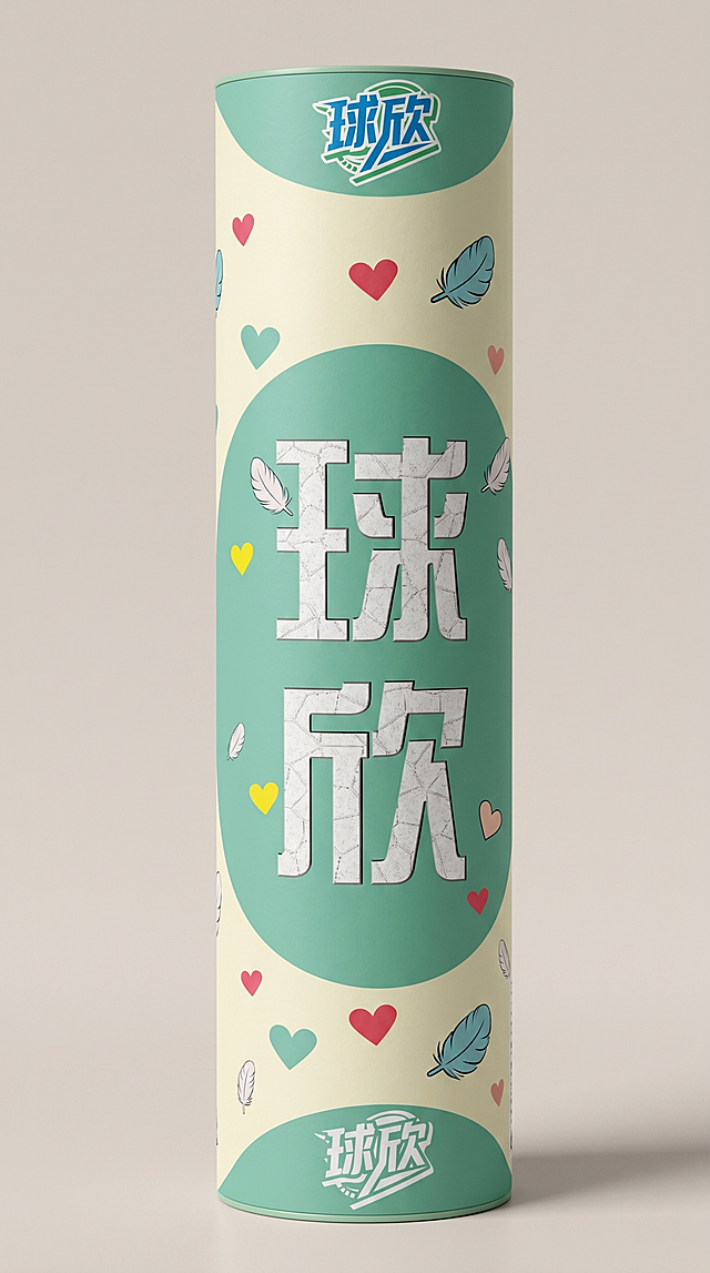 根据这张包装设计图，生成一个实物羽毛球包装桶，保留原设计的浅绿色、米黄色、羽毛、爱心图案和品牌文字'球欣'，呈现立体圆柱形羽毛球桶产品