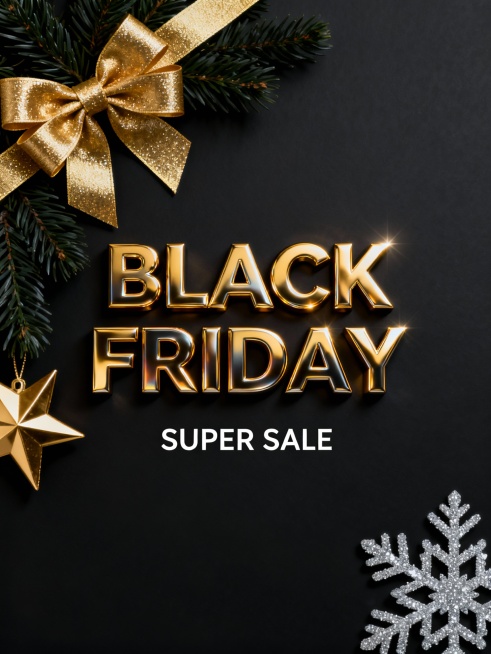 黑色星期五黑五一张具有高级感的黑色星期五促销海报，整体采用深黑色背景，搭配金色和银色的奢华装饰元素。画面左侧有一个金色的立体蝴蝶结，系着闪亮的金色缎带，旁边点缀着深绿色的松枝和金色的星形装饰，右下角有银色的雪花图案，营造出节日购物氛围。中央位置，"BLACK FRIDAY"文字采用3D立体效果，表面有强烈的金色金属光泽，带有细腻的光影渐变和高光反射，显得非常有质感和立体感，下方是较小的"SUPER SALE……预览效果