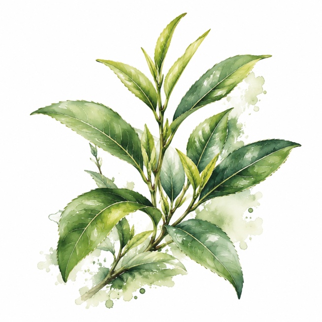 参考原图紫丁香花的水彩手绘风格，生成一丛红茶茶叶素材，保留清新淡雅水彩质感，偏深绿暖调自然色调，适合包装设计，无文字预览效果