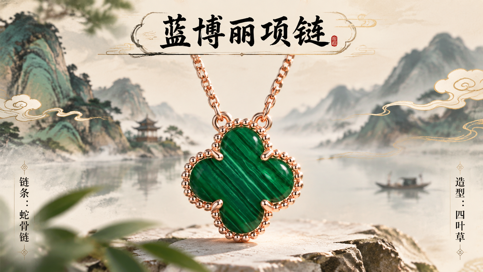 中国风珠宝项链海报，画面中央为四叶草孔雀石项链吊坠（蛇骨链，玫… - 图片创意预览