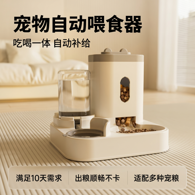[主图 1] 宠物自动喂食器产品首图，真实家居场景展示。[氛围风格] 简约温馨ins风家居氛围，宠物用品干净实用感。[画质] 商业摄影质感、光线柔和通透、产品清晰真实、画面干净高级。[元素] 米白色宠预览效果