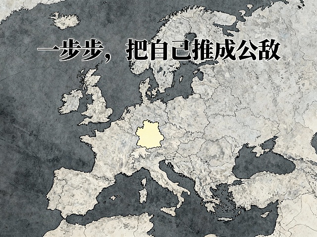 图 3 文案：
“一步步，把自己推成公敌”

图 3 提示词：

欧洲列强围绕德国形成包围圈的地图插画，德国居中高亮，英法俄三方形成合围态势，色调紧张，象征外交孤立，比例4；3