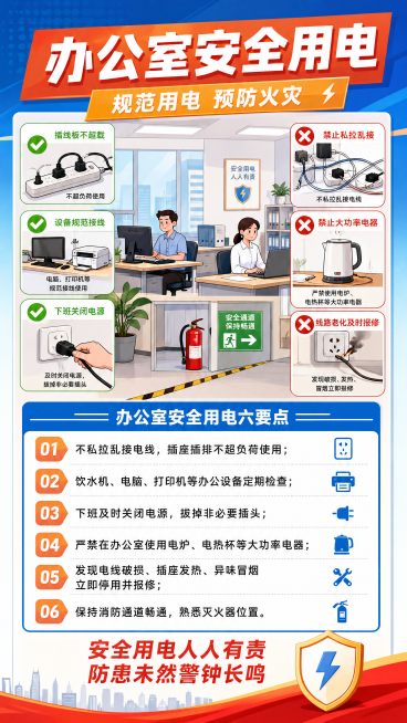 设计竖版安全宣传展板，比例高度2米宽度1米，上方是卡通漫画，下方是文字内容，主题为办公室安全用电，风格参照参考图，版式为上漫画下文字，标题醒目清晰，整体为安全教育宣传风格预览效果