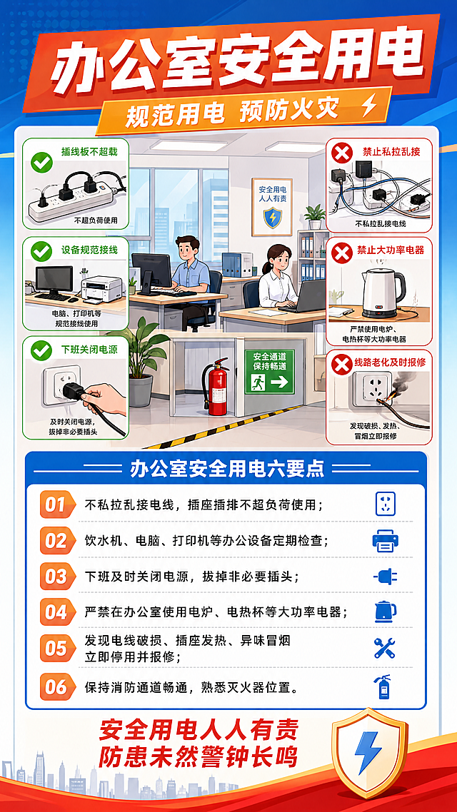 设计竖版安全宣传展板，比例高度2米宽度1米，上方是卡通漫画，下方是文字内容，主题为办公室安全用电，风格参照参考图，版式为上漫画下文字，标题醒目清晰，整体为安全教育宣传风格