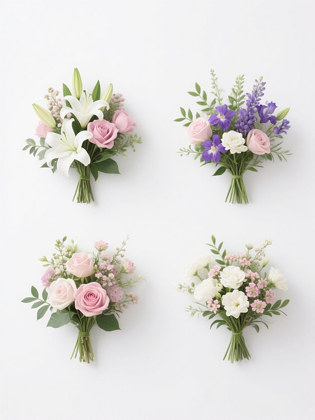 一张简约现代风格的设计图，画面中是4个规整排布的鲜花花簇素材，每个花簇都由不同种类的鲜花组成，包含白色百合、粉色玫瑰、紫色飞燕草以及白色和粉色的小花等，花簇造型饱满自然，搭配绿色的枝叶作为点缀，整体色彩清新柔和，背景为纯净的白色，无任何文字、logo和水印，视觉效果简洁干净，具有良好的设计感和信息传达效率。