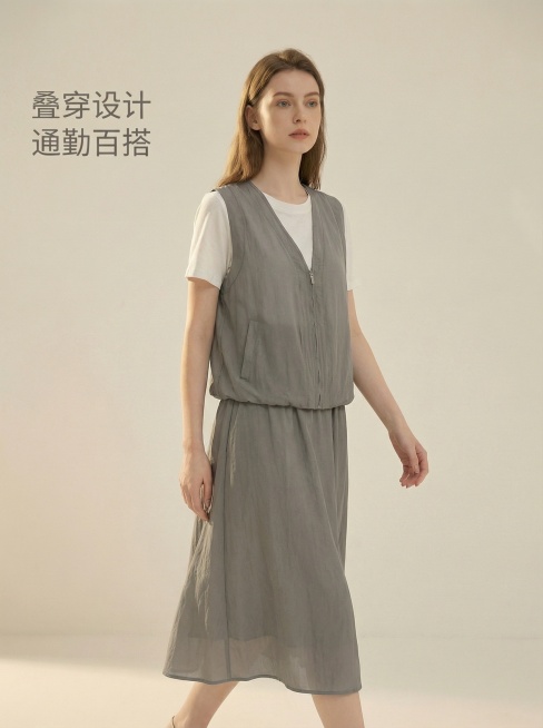 [主图 4] 穿搭层次展示
[主图主题] 假两件叠穿设计展示
[氛围/风格] 舒适温柔高级感，极简棚拍氛围，自然光漫射
[画面元素] 保持原商品款式、模特不变，模特自然走动动态姿势，展示马甲+半裙叠穿预览效果