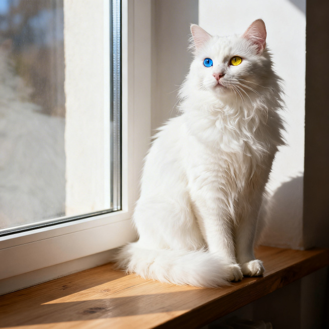 一只漂亮的异瞳白猫，毛发蓬松柔软，一只眼睛蓝色一只眼睛黄色，背景是干净的木质窗台，阳光照射下来，温馨治愈的氛围，高清摄影预览效果