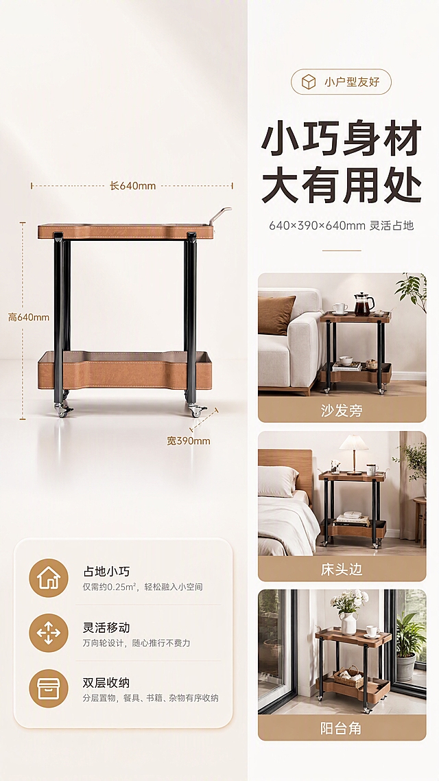 [商品] 使用【图1】DS-8853B 移动餐车边几；保留双层马鞍皮台面与层架、黑色不锈钢立柱、万向轮、右侧把手、整体棕黑配色与结构比例；产品正面平视角度，用于尺寸标注示意。
[画面] 目标：空间尺度页，说明尺寸与小户型适配；左图右文构图，左侧餐车正面平视，产品占画面约55%，用虚线+数字标注长宽高尺寸；右侧为空间说明区，配小户型角落、沙发旁、床边三个小场景缩略图，展示灵活摆放；背景为浅白渐变，干净通透。
[视觉] 套系策略：风格=亮色调轻奢家居商业摄影；标题字=现代无衬线粗体中文；正文字=简洁无衬线体；主色=暖白+浅棕马鞍皮色；背景延展=基于暖白与浅棕做深浅层级、同色渐变和细腻哑光质感；强调色=古铜金，仅用于小面积图标、引线和标签；标题色=深棕黑；正文色=中暖灰；组件=圆角浅底信息卡、细线引线、胶囊卖点框；光影=左前侧暖柔光，柔和阴影。
[文字] 右侧主标题"小巧身材 大有用处"，副标题"640×390×640mm 灵活占地"，尺寸引线标注「长640mm」「宽390mm」「高640mm」，下方3个场景标签：「沙发旁」「床头边」「阳台角」，文字横向排版。
[规格] 淘宝/天猫详情页 9:16 竖版，4K，负向提示：避免变形、错字、文字过小、冷蓝背景、产品结构改变、缺件错件、极限词。