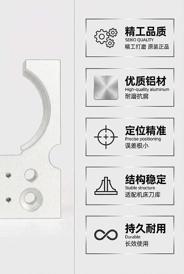 2:3竖版，电商详情图，工业科技风，杂志级排版，严格还原上传的产品图核心细节，保持产品的真实金属材质质感（高光金属），产品外观不做任何修改。画面采用左右分栏排版（左窄右宽），左栏放置单款刀夹特写图（BT30型号，正视图，突出金属抛光质感，光线均匀），右栏为核心卖点可视化区域，分5个小模块（整齐排列，间距均匀，模块边框为细银色线条），每个模块搭配极简工业风图标+文字，文字统一为无衬线字体（标题加粗黑色，描述文字银色常规体）。卖点模块分别为：1. 精工品质（图标：精密齿轮，文字：SEIKO QUALITY 精工打磨 原装正品）；2. 优质铝材（图标：铝材纹理，文字：High-quality aluminum 耐磨抗腐）；3. 定位精准（图标：十字刻度，文字：Precise positioning 误差极小）；4. 结构稳定（图标：稳固支架，文字：Stable structure 适配机床刀库）；5. 持久耐用（图标：无限符号，文字：Durable 长效使用）。背景为浅灰色（低饱和），整体排版清晰有序，卖点突出，可视化强，无多余元素，中文文字统一字体，画面高级不杂乱，贴合整体工业风格，无割裂感。