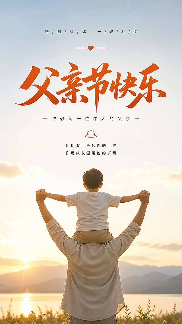 父亲节海报，高级简约风格，主标题是“父亲节快乐”，画面展示父亲用双手无声托举孩子的背影，清晨天气，整体色调清新温暖，主标题醒目突出