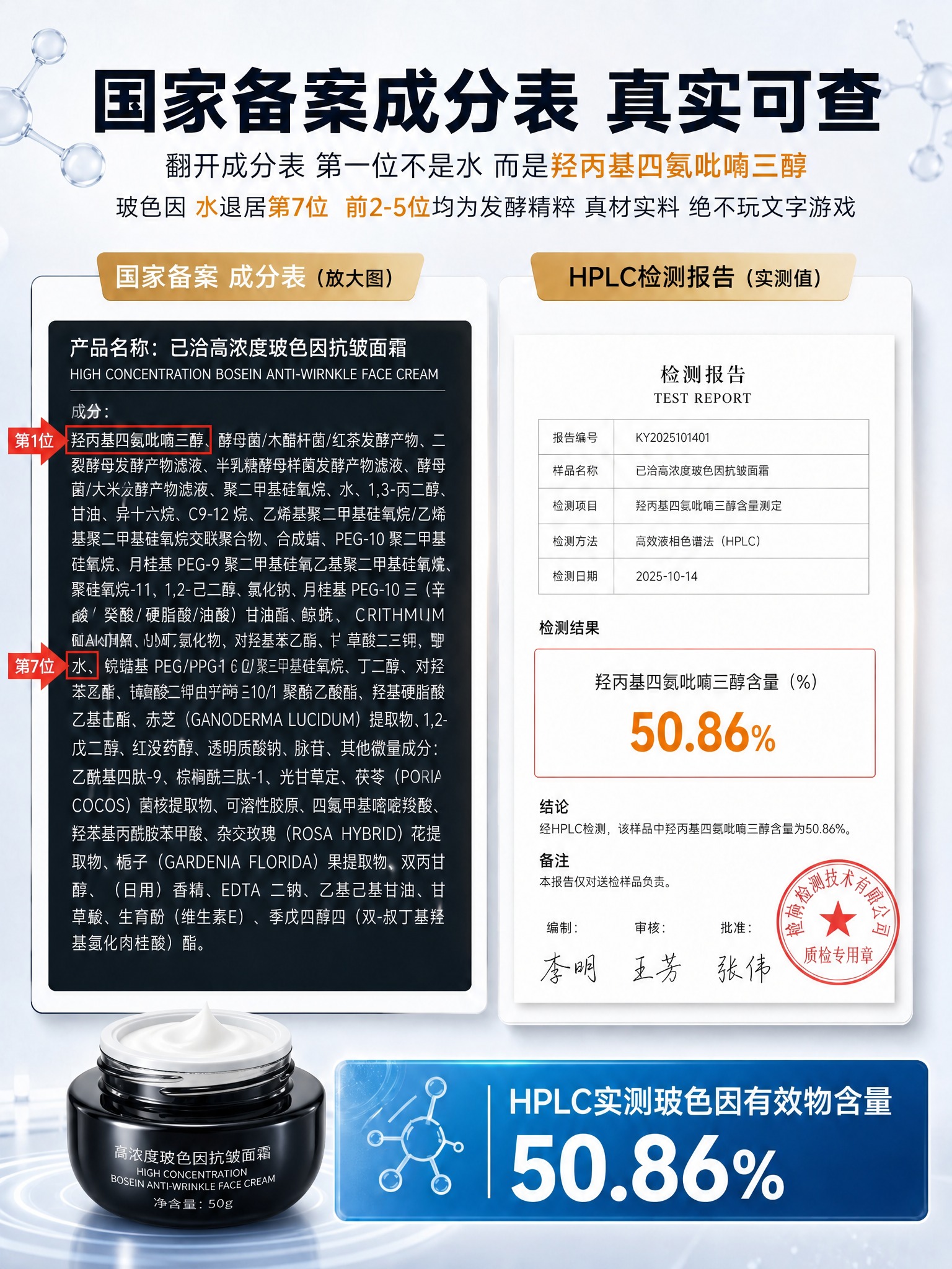 将这张详情页屏2左下角的产品图替换为真实的己洽黑色圆润瓶身面霜… - 图片创意预览