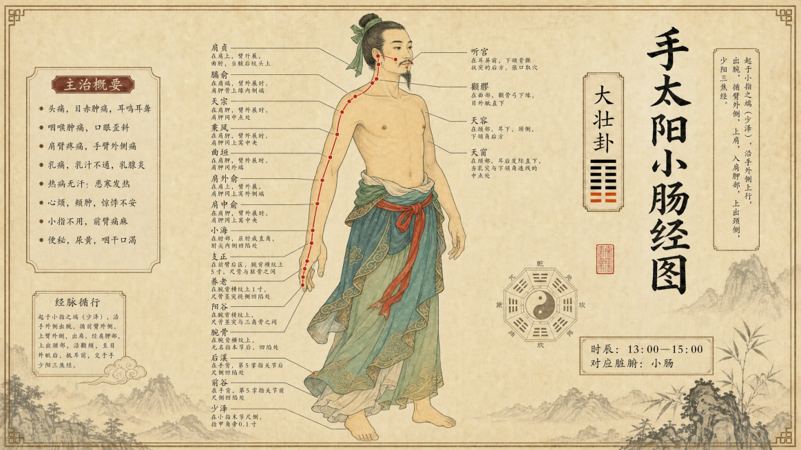 古法中医经络图，中国古风工笔画风格，手太阳小肠经图，包含穴位标注、主治概要、经络循行、时辰对应脏腑信息，版式和参考图一致，复古米黄色宣纸背景，搭配中式山水装饰，文字排版整齐清晰预览效果