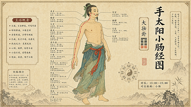 古法中医经络图，中国古风工笔画风格，手太阳小肠经图，包含穴位标注、主治概要、经络循行、时辰对应脏腑信息，版式和参考图一致，复古米黄色宣纸背景，搭配中式山水装饰，文字排版整齐清晰