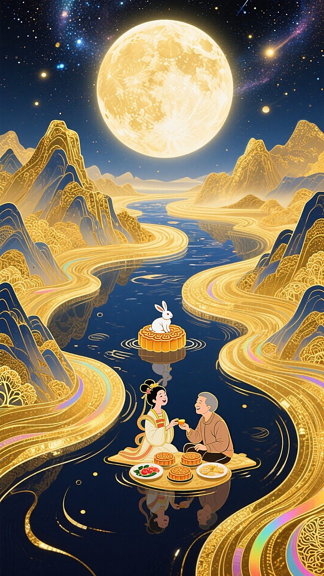 金色赛博朋克风格，全景，川流不息的山川的尽头，有一轮圆圆的巨大明月，河流上到印着的明月中有一个嫦娥，一位母亲，两人团聚在一起，开心着吃着月饼以及桌子上的美食，居画底部，山川末尾为星空（深金色交织），中央发光满月，超现实的星空河流世界，梦幻感，色彩以深邃蓝、暖黄为主，搭配金色点缀