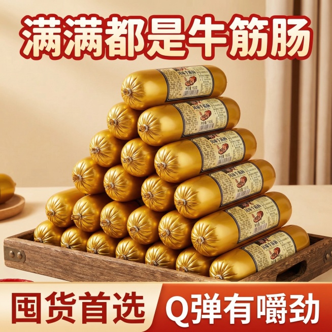 我的产品是牛筋肠，帮我做10张主图产品堆积起来突出产品多预览效果