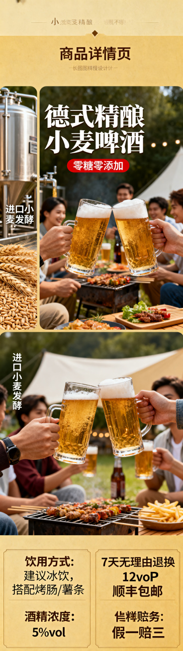德式精酿啤酒长图商品详情页，突出进口小麦发酵，零糖零添加，标注小麦浓度和酒精浓度，包含适合的饮用场景展示和碰杯画面，添加饮用方式、售后保障、快递服务、假一赔三信息板块预览效果