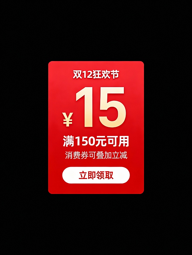主体为一个红色矩形浮层，顶部标注“双12狂欢节”，中央以超大字体突出“¥15”消费券金额，下方注明“满150元可用”及“消费券可叠加立减”。底部白色按钮“立即领取”。