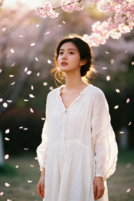 樱花雨中的年轻女性肖像摄影，穿着飘逸的白色亚麻连衣裙，粉色樱花花瓣缓缓飘落，黄金时刻柔和光线，浅景深效果，电影感十足，专业摄影级别，8k高清画质，梦幻唯美氛围，带有细腻胶片质感，春日浪漫氛围感预览效果