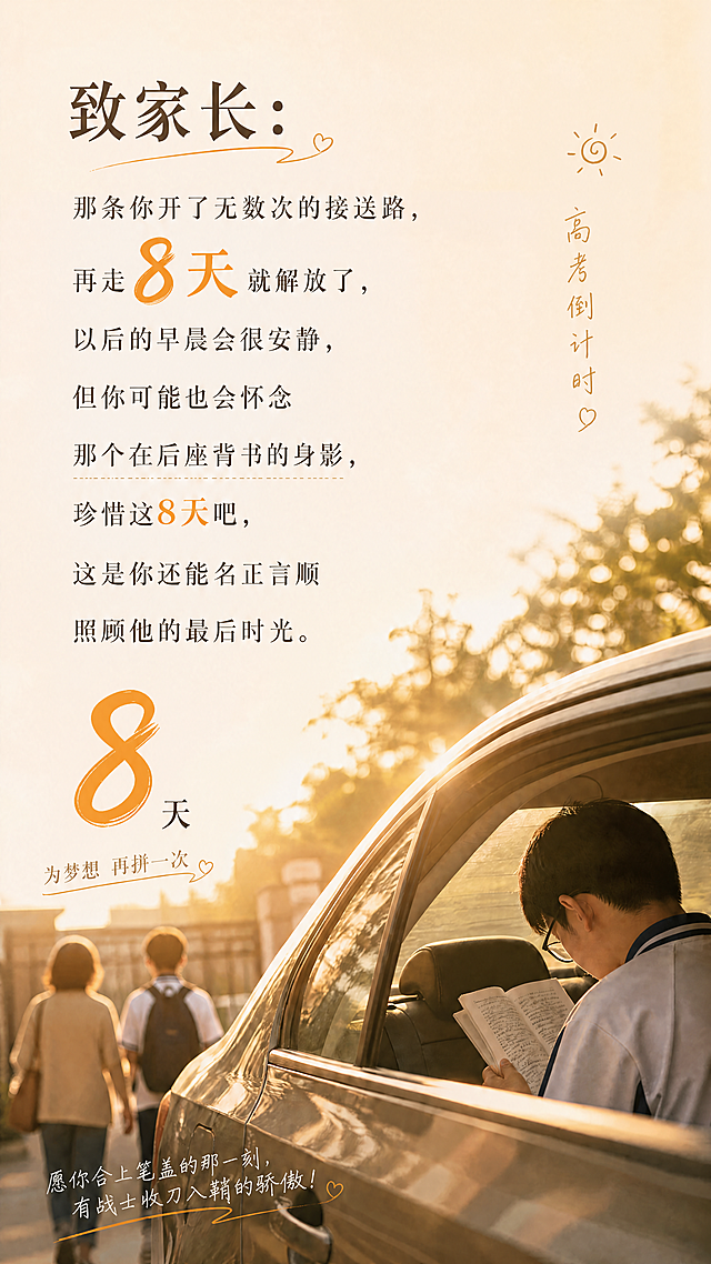 修改这张高考倒计时致家长海报，将图中所有的数字9改成8，保持原图风格、背景和其他文字不变，设计风格温暖治愈，适合手机分享