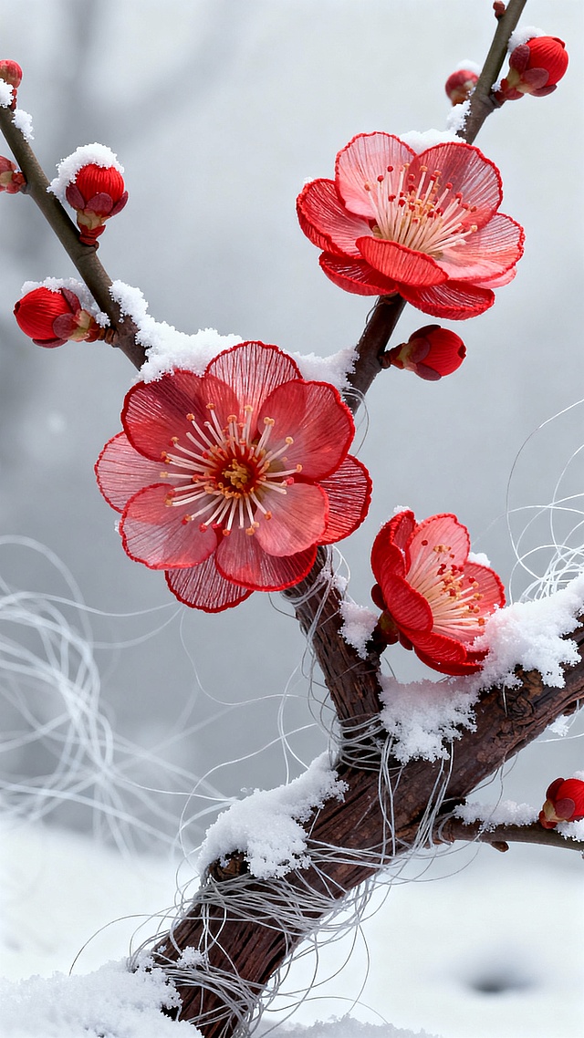 梅花雪景，刺绣质感花瓣与水墨意境交融，重拟物手法呈现中式唯美感，冬日文艺氛围浓厚。