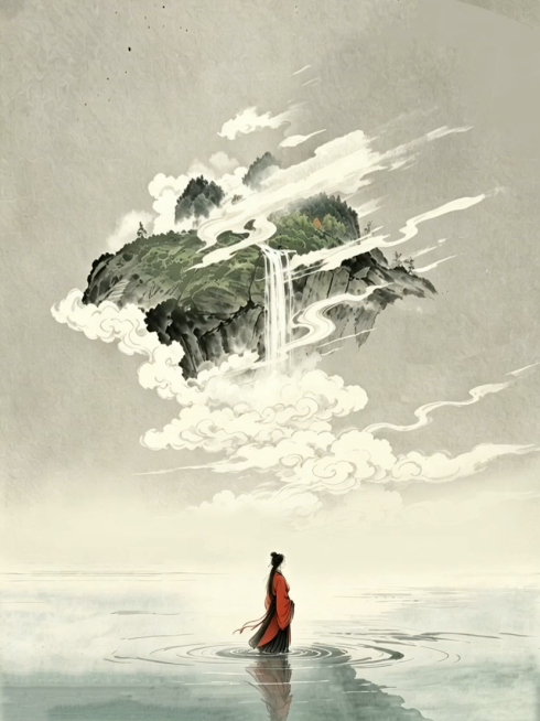 首帧:「图片1」风从左边吹过来，水面产生了涟漪。人物的服装被风吹的飘动。云也被吹得飘逸起来。预览效果