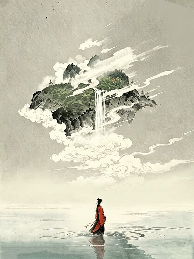 工笔与水墨交融的插画风，红衣人物立于水面，仰望云中悬岛，瀑布垂落如梦似幻，古典中式意境与超现实元素交织，静谧而梦幻。