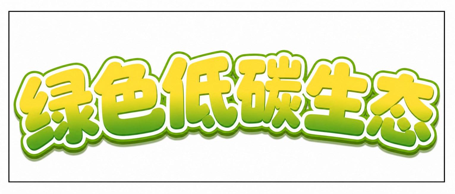 将文字加粗，保持文字为"绿色低碳生态"、整体上弦弧形、黄绿渐变卡通风格，保持原有长方形边框不变，左右拉伸填满整个方框预览效果