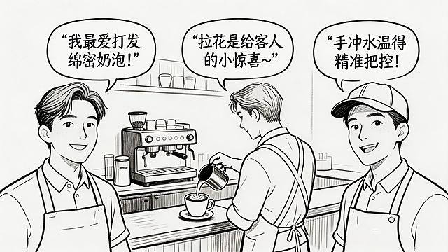 咖啡师视角采访插图，画面包含三位咖啡师，呈现他们的头像速写或者背影工作照，旁边配有气泡对话框用来引用咖啡师说的话，整体为手绘线描风格，亲切自然