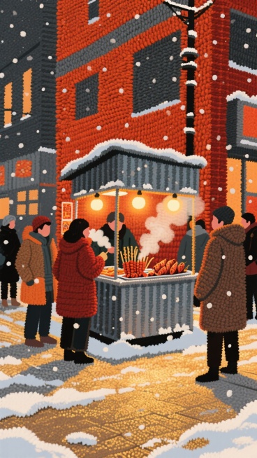 城市街角飘雪，铁皮小摊卖关东煮与烤红薯，暖灯照得雪面泛金。行人裹厚衣驻足，哈出的白气与热气交融，橙红 + 深灰配色，满是都市烟火暖调。预览效果
