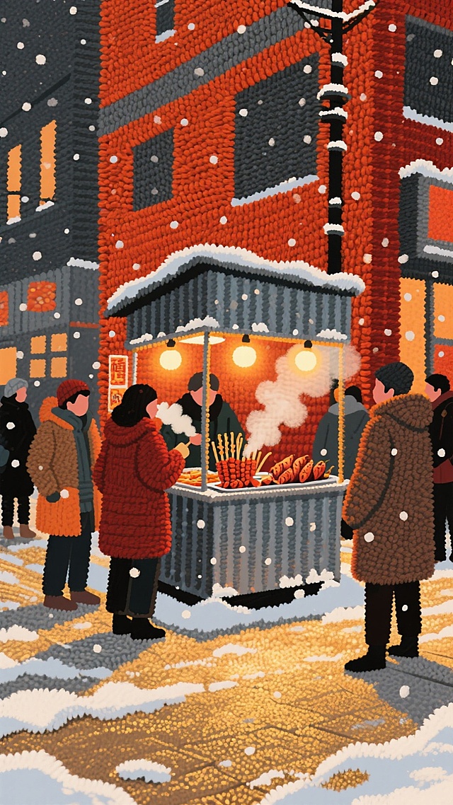 城市街角飘雪，铁皮小摊卖关东煮与烤红薯，暖灯照得雪面泛金。行人裹厚衣驻足，哈出的白气与热气交融，橙红 + 深灰配色，满是都市烟火暖调。