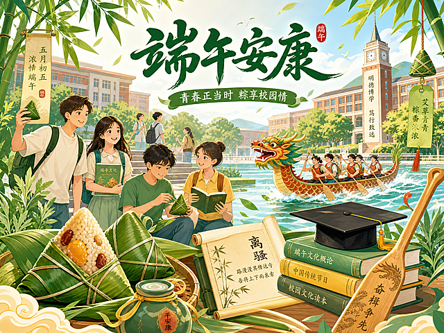 端午节国潮插画，明亮清新风格，大学校园场景融入端午元素粽子、龙舟、艾草，搭配装饰元素粽子、竹叶、书卷、学士帽、龙舟桨，整体氛围青春活力，结合传统节日与校园，主色调为竹绿+粽叶青+暖黄
