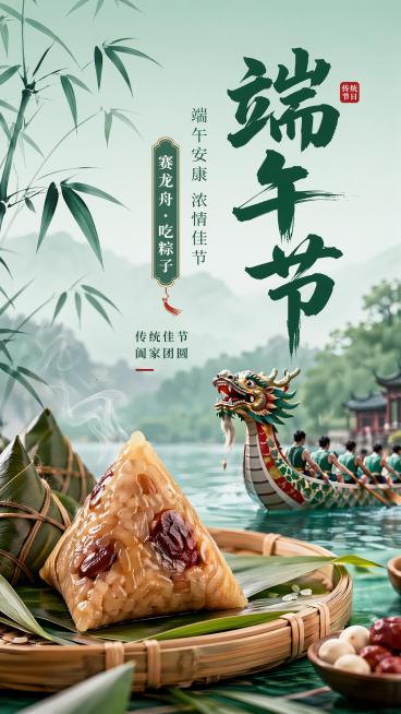 国风传统端午节节日海报，版式精美，主视觉为传统端午元素粽子与龙舟，背景为淡青绿色渐变，搭配水墨竹叶点缀，整体氛围浓厚温馨。主标题文案为“端午节”，副标题文案为“端午安康 浓情佳节”，装饰文案为“赛龙舟预览效果