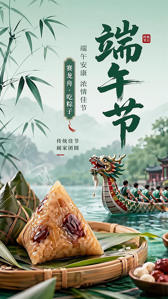 国风传统端午节节日海报，版式精美，主视觉为传统端午元素粽子与龙舟，背景为淡青绿色渐变，搭配水墨竹叶点缀，整体氛围浓厚温馨。主标题文案为“端午节”，副标题文案为“端午安康 浓情佳节”，装饰文案为“赛龙舟 · 吃粽子”，卖点文字为“传统佳节 阖家团圆”。文字清晰可读，排版层次分明，9:16竖版，写实国风商业摄影风格，画面干净协调。