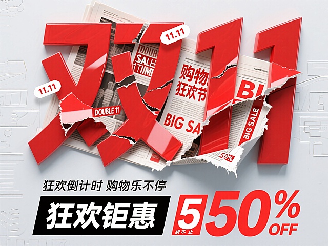 一张双十一促销海报，背景为浅灰色，带有一些隐约的文字压痕效果。画面核心是巨大的红色 “双 11” 艺术字体，字体部分区域有折叠、撕裂的创意设计，露出内部类似报纸的元素。报纸样式的区域上，有红色 “购物狂欢节” 字样，下方是英文 “DOUBLE 11 TIME”，还重复印有 “BIG SALE” 等促销文字。周围点缀着几个白色标签形状的元素，分别标有 “11.11”“SALE”“50%” 字样。海报下方有黑色文字 “狂欢倒计时 购物乐不停”，其下是黑框白底的 ”狂欢钜惠“ 和红底白字的 “5 折不止”。最底部，右侧是红色的 “50% OFF”