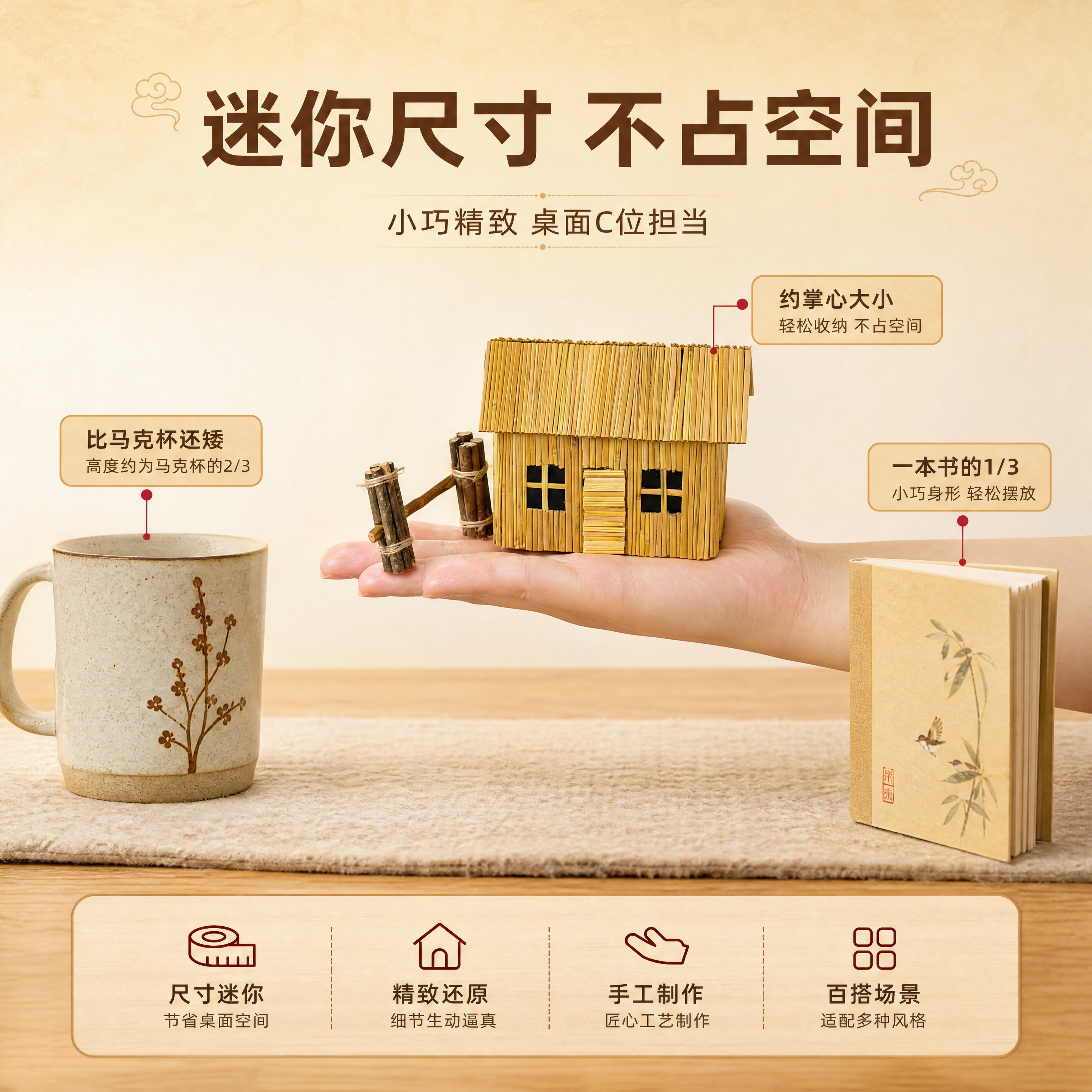 [商品] 使用【图2】手捏柴担的迷你茅屋摆件；保留茅屋结构、柴… - 图片创意预览