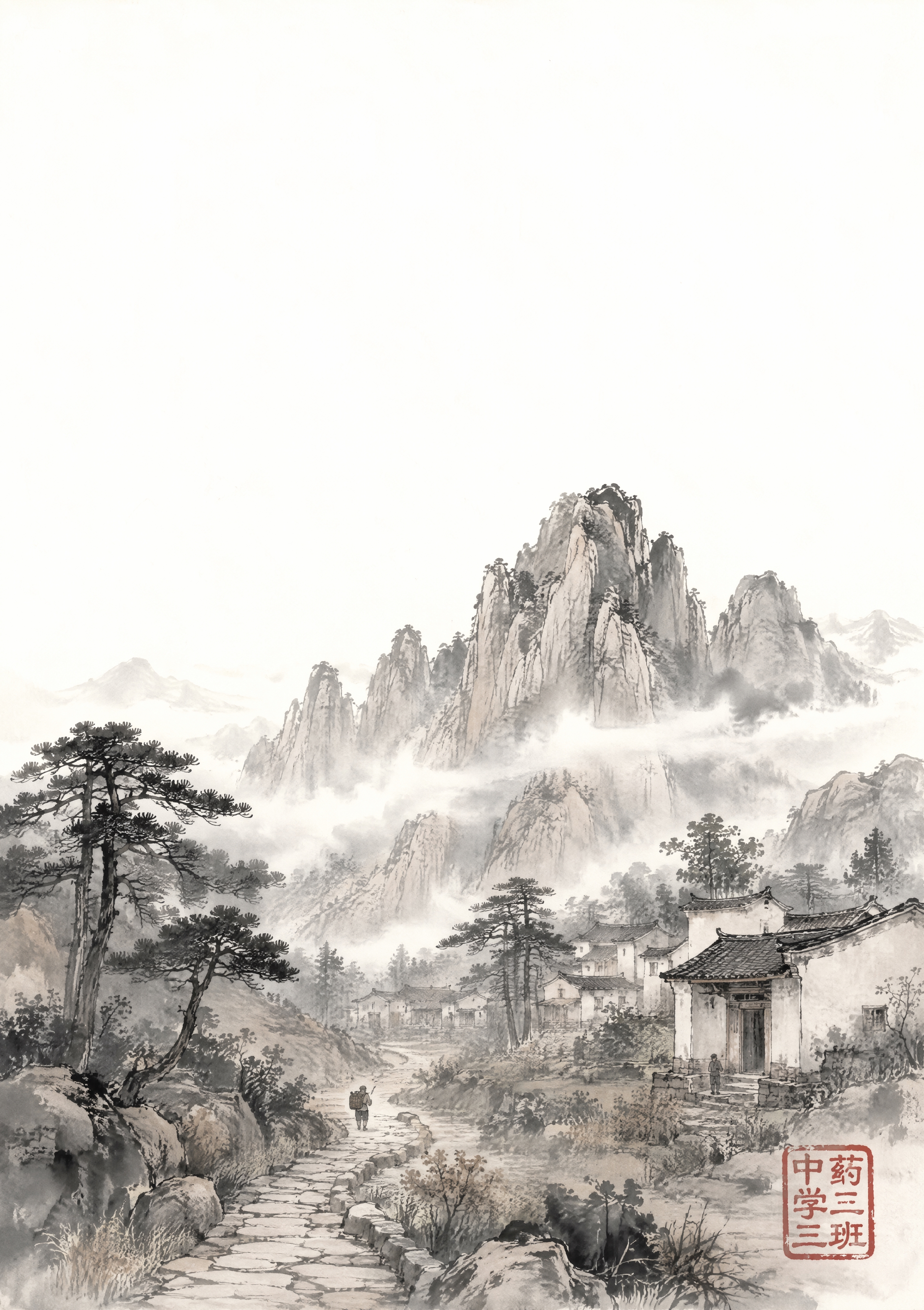 A4竖版封面，水墨淡彩风格，黄山实习实训宣传手册。画面以一条若… - 图片创意预览