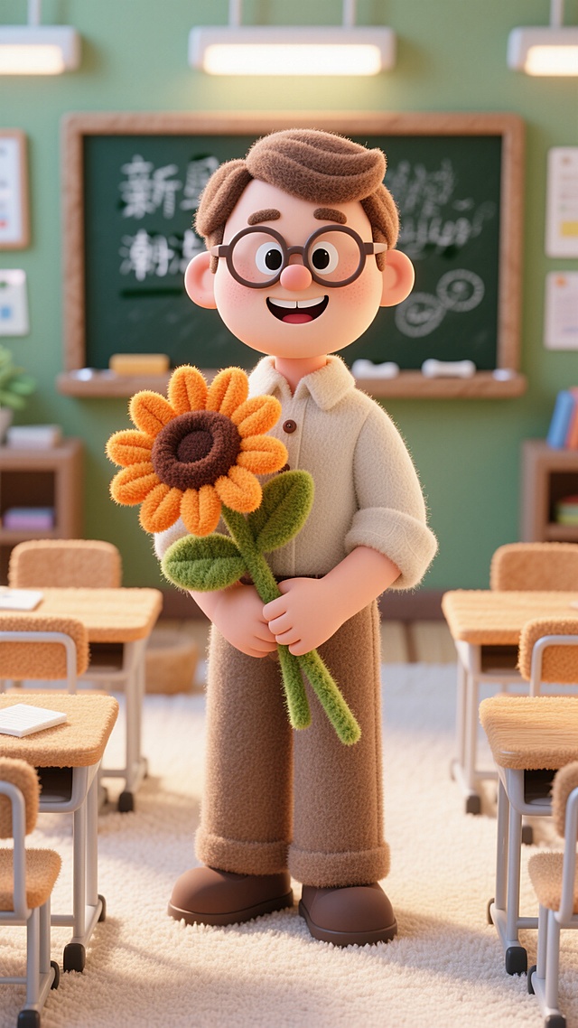 清新3D卡通风格，拟人化角色手捧毛发生长风向日葵，教室背景温馨。