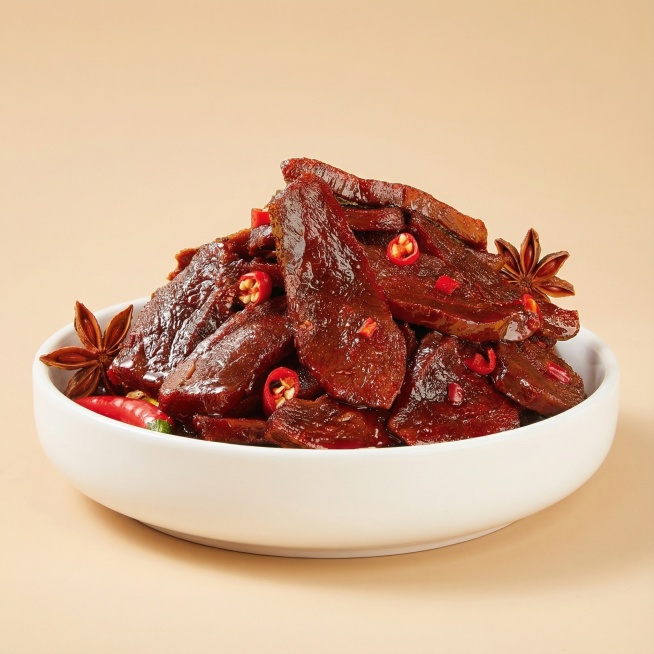 把肉干放在白色陶瓷里，肉干颜色明亮，肉质纹理清晰，整体色泽诱人，商业拍摄氛围，纯色背景预览效果