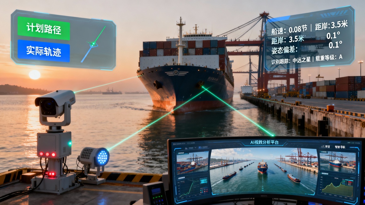 现代化集装箱码头晨曦微露，一艘大型货轮正进行横向靠泊作业，船体与码头之间可见数道精准的激光测距光束。高精度AI摄像机组与传感器阵列部署在关键位置，其指示灯规律闪烁。

一个半透明智能引导面板悬浮空中，预览效果
