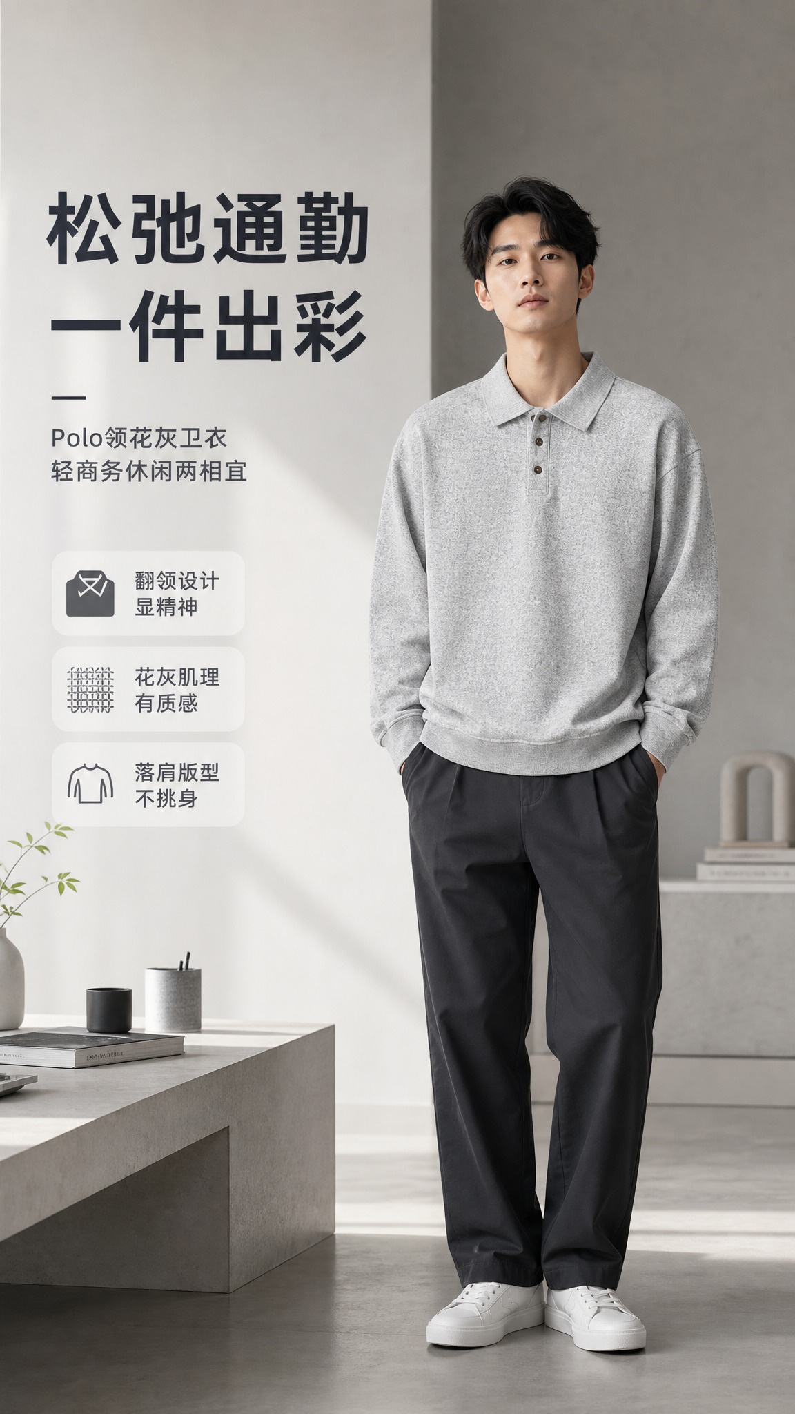 [商品] 使用【图1】浅花灰Polo领长袖卫衣；商品处理：保留… - 图片创意预览