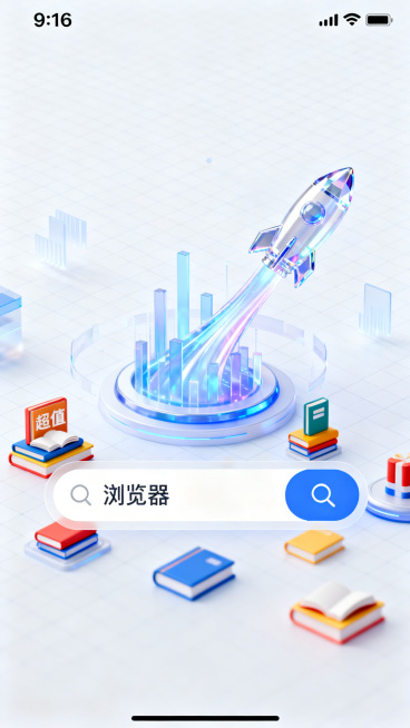 简约科技风2.5d网络服务浏览器APP主图，浅色系背景铺满全图，整体体现快速顺畅科技感，搭配立体数据流和流线型水晶火箭，包含浏览器界面搜索框，搜索框里写着“浏览器”，广告图形虚化消除，在画面二分之一往预览效果