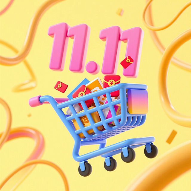 软3D风格购物车满载红包与礼盒，粉色“11.11”悬浮其上，搭配黄色流线背景，营造喜庆、促销、可爱又充满卡通感的双11节日氛围。