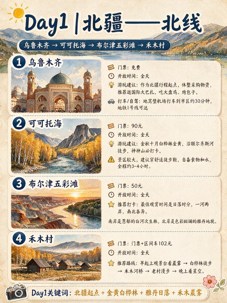 完全复刻参考图的版式、风格、字体、4个景点卡片布局、图标样式、… - 图片创意预览