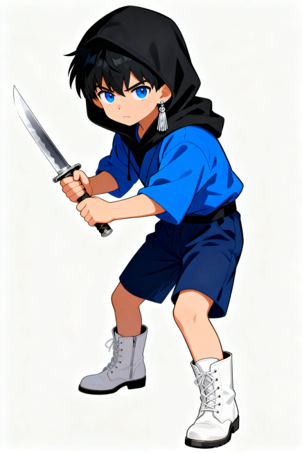 穿着黑色兜帽，蓝色上衣，黑发蓝眼的正太，双手握刀，警惕地观察着周围，佩戴单边银饰流苏耳饰，深蓝色短裤，搭配白色皮靴，纯白色背景，动漫插画风格，人物清晰完整预览效果