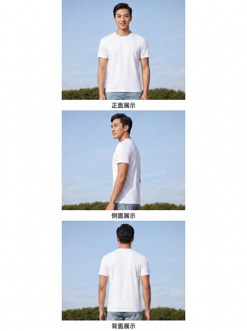 电商详情页多维度版型展示模块，展示男士纯白色T恤正面、侧面、背面三个穿着效果，使用三图竖排排版，每个角度配简短文字标注，保持和原图一致模特和产品，整体风格统一简约，干净留白，3:4比例，2k分辨率，超预览效果