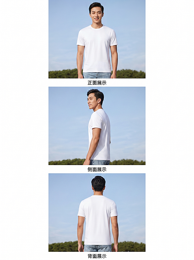 电商详情页多维度版型展示模块，展示男士纯白色T恤正面、侧面、背面三个穿着效果，使用三图竖排排版，每个角度配简短文字标注，保持和原图一致模特和产品，整体风格统一简约，干净留白，3:4比例，2k分辨率，超高清，文字清晰，负向提示词：变形，模特换人换脸，文字错乱，水印，排版杂乱