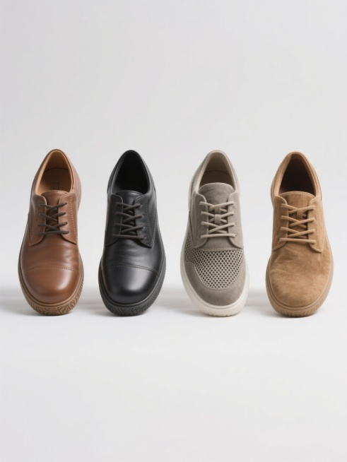 一组4个不同配色、不同样式、不同材质的鞋元素，采用干净简约的摄影风格，符合现实逻辑，适合素材使用。每个鞋款细节清晰，光线柔和均匀，白色背景突出主体，鞋面材质质感真实，包括皮革的细腻纹理、帆布的粗糙感、网面的透气性和绒面的柔软触感，鞋带系法自然，鞋底纹路分明，整体构图平衡对称，色彩搭配协调，无多余装饰，信息传达高效，适合作为设计素材直接使用。预览效果