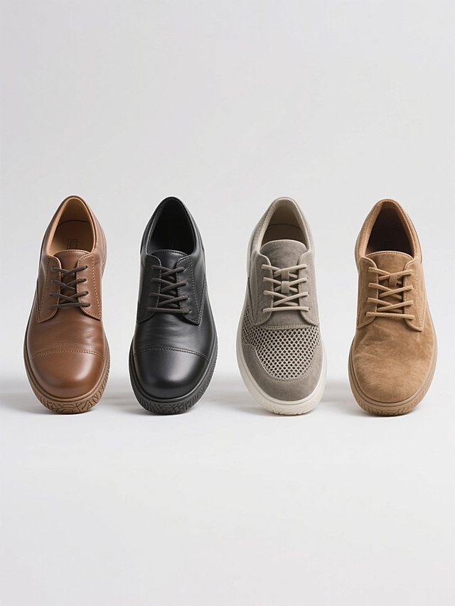 一组4个不同配色、不同样式、不同材质的鞋元素，采用干净简约的摄影风格，符合现实逻辑，适合素材使用。每个鞋款细节清晰，光线柔和均匀，白色背景突出主体，鞋面材质质感真实，包括皮革的细腻纹理、帆布的粗糙感、网面的透气性和绒面的柔软触感，鞋带系法自然，鞋底纹路分明，整体构图平衡对称，色彩搭配协调，无多余装饰，信息传达高效，适合作为设计素材直接使用。