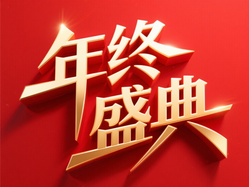 字体设计“年终盛典”，现代广告字体，连笔设计，转角锐利变形，排版错落，简洁有力，红色背景，金色字体预览效果